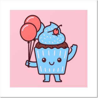 blue birthday cupcake kawaii Posters and Art